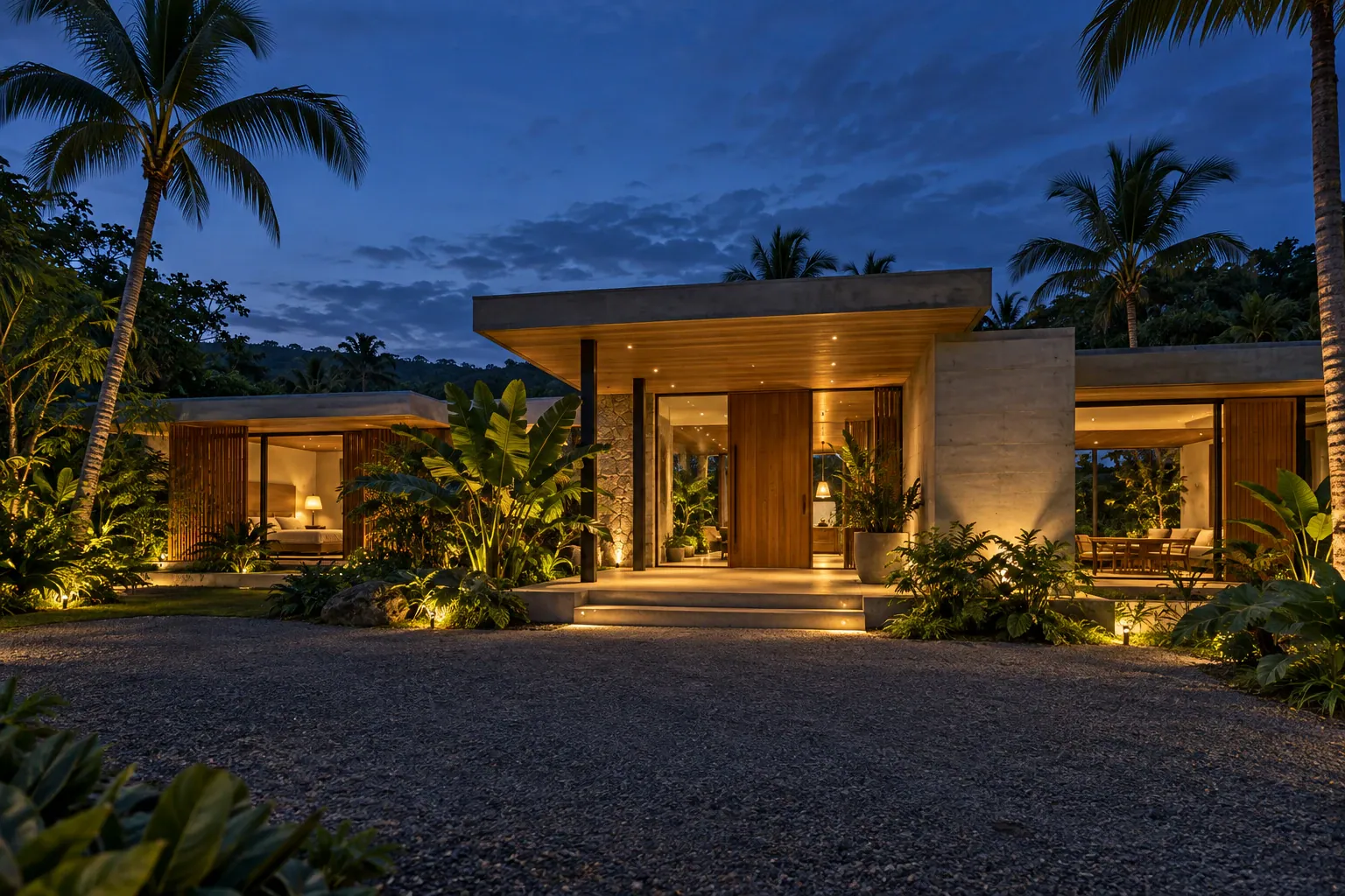 Fachada de una casa de una planta con jardín tropical al anochecer.
