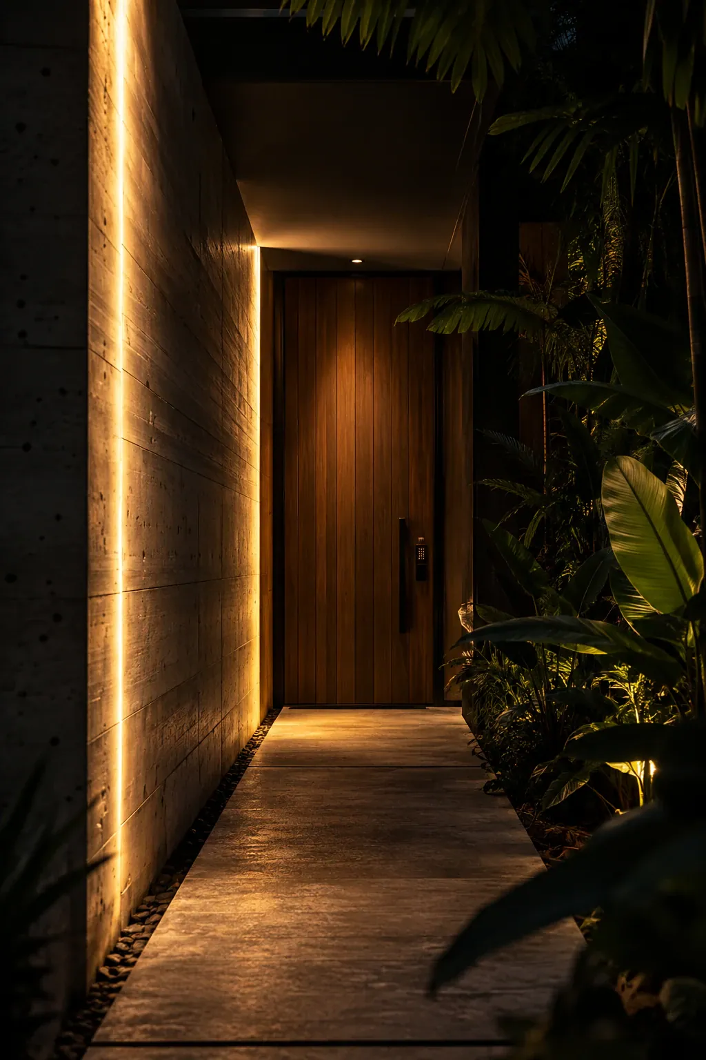 Pasillo de concreto con luz indirecta que lleva a una puerta de madera entre vegetación tropical, de noche.