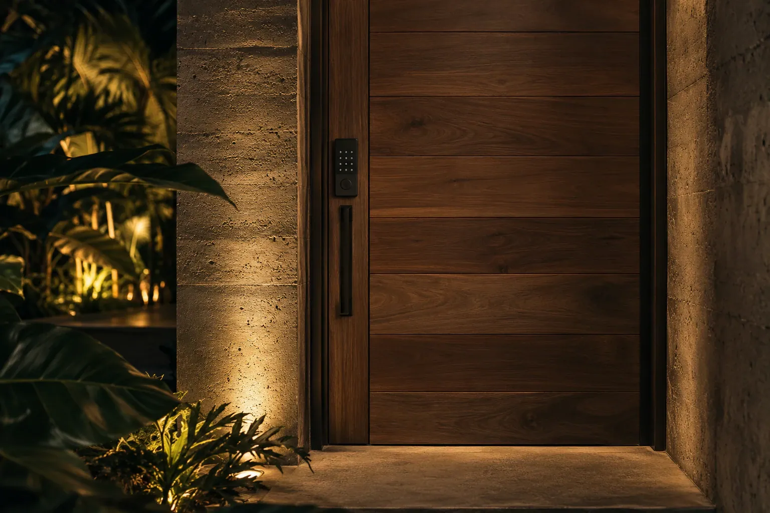 Puerta de madera con cerradura de teclado, entre muros de concreto y plantas iluminadas.