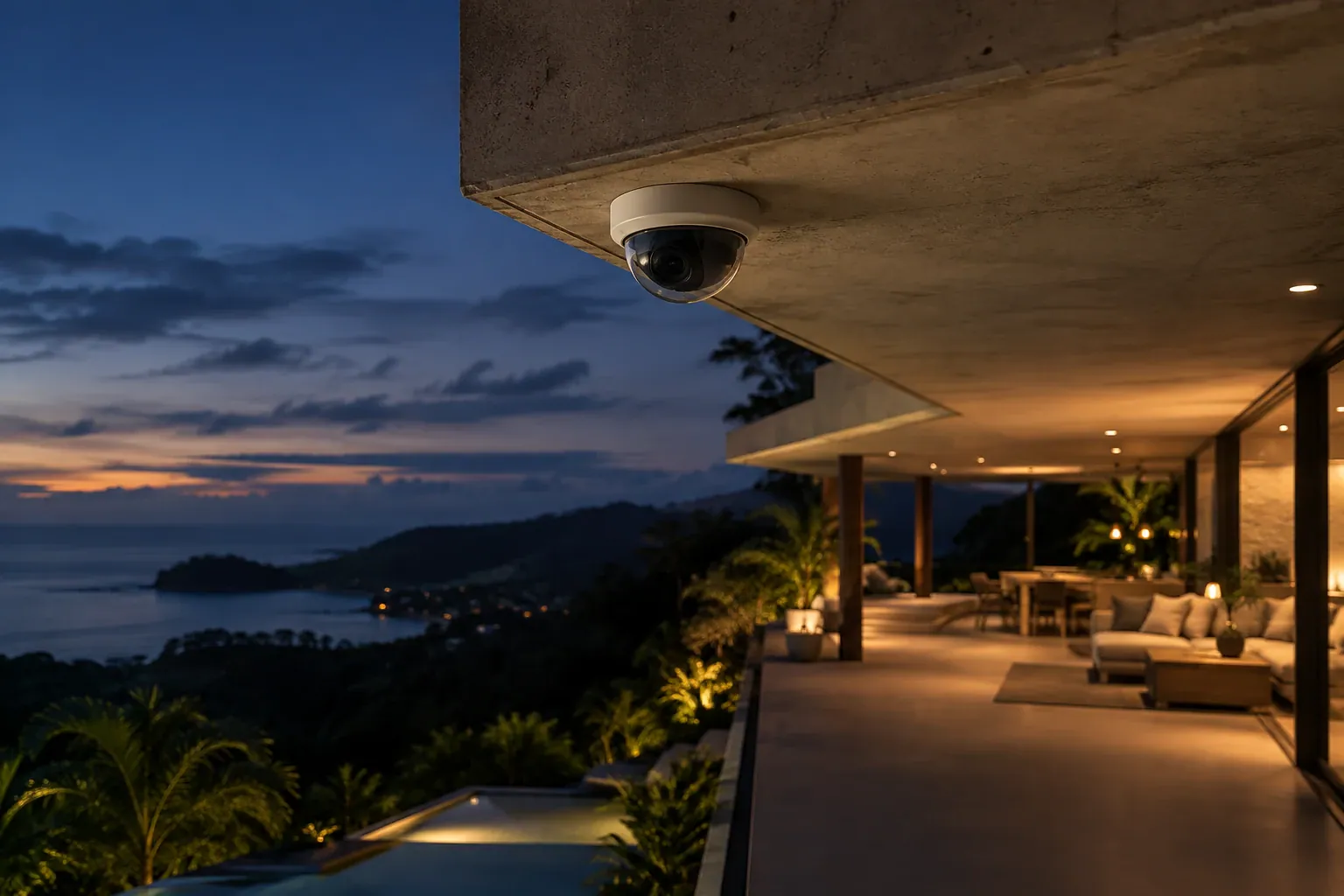Cámara de domo bajo el alero de una terraza con vista al mar al atardecer.