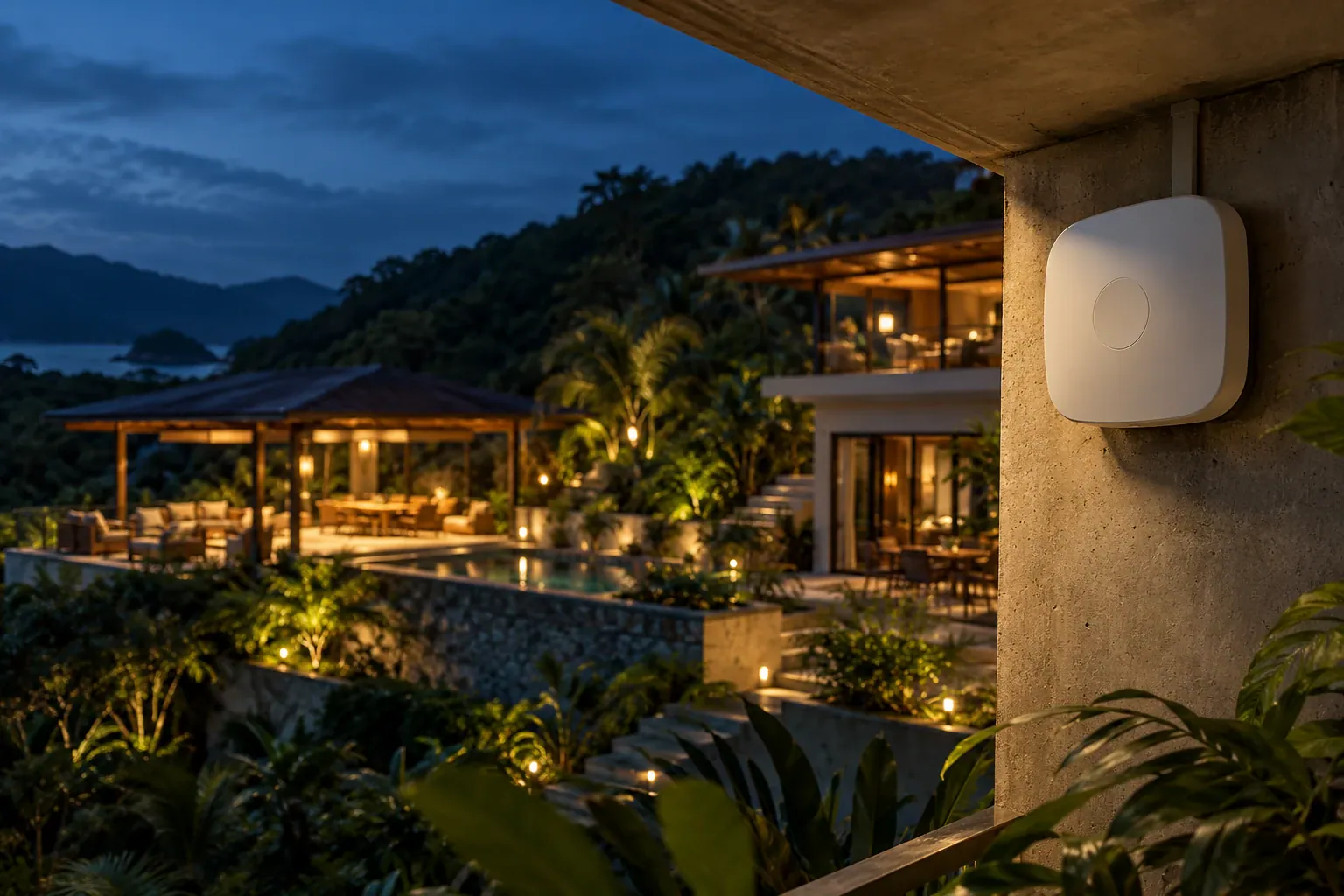 Punto de acceso WiFi en la pared de una terraza, con casas iluminadas y vegetación tropical al fondo.